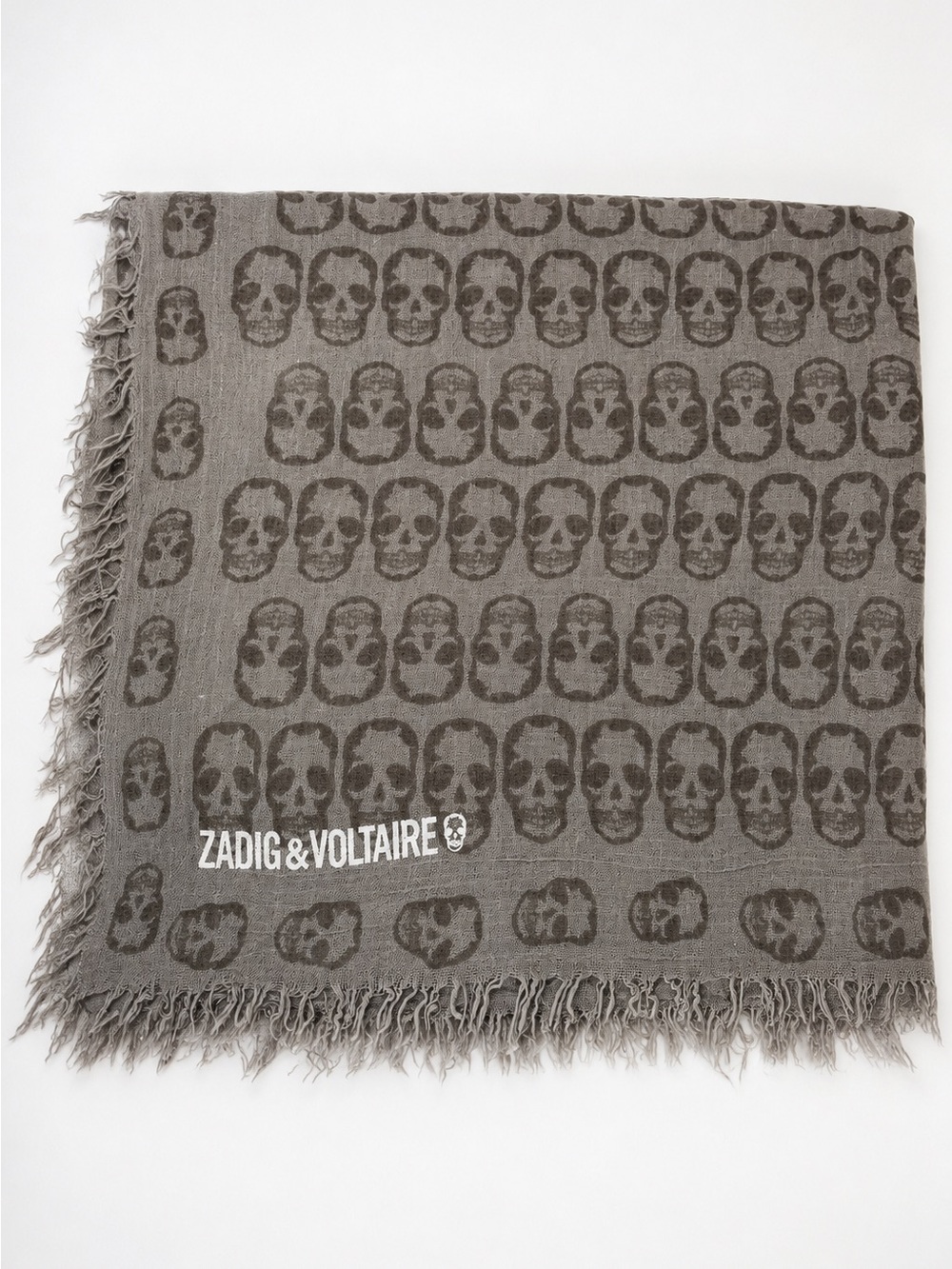 Zadig & Voltaire Skull Print Scarf Wrap Shawl Taupe Beige Fringe Oversized